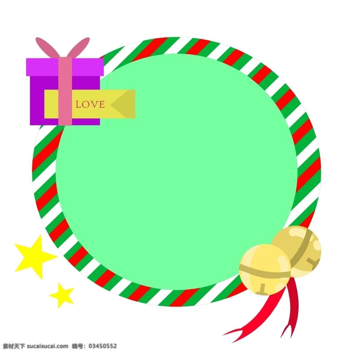 圣诞节 圆形 铃铛 边框 圣诞节边框 红色的蝴蝶结 圆形的铃铛 红色的丝带 金色的五角星 紫色的礼盒