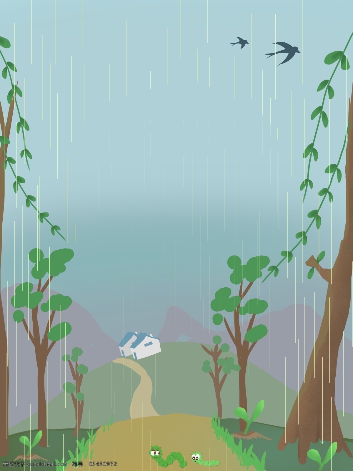 手绘 雨季 乡间 小路 插画 背景 春天背景 插画背景 手绘背景 绿色背景 唯美背景 乡间小路