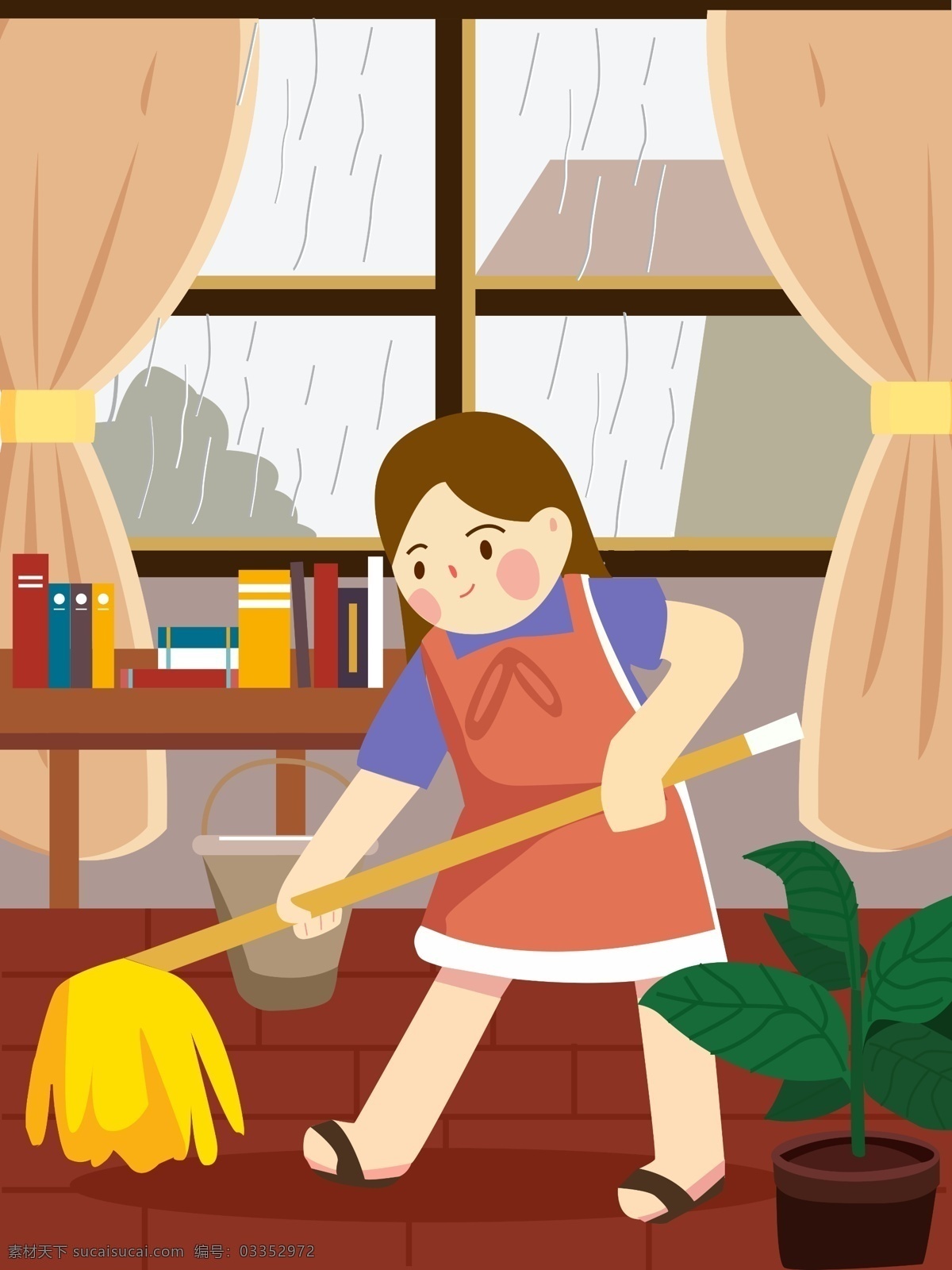 五一劳动节 女孩子 在家 打扫 插画 劳动节 五一 室内 下雨 女孩