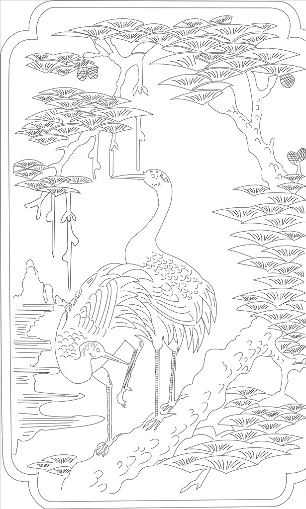 松鹤同春 松树 仙鹤 植物 树木 鸟儿 动物 线条 矢量 传统 装饰 雕刻 图案 线条装饰纹样 文化艺术 传统文化