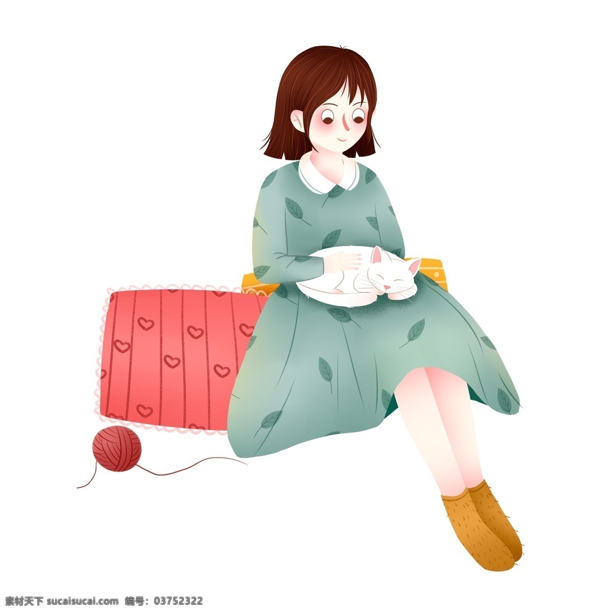 清新 唯美 女孩 抱 猫 人物 元素 猫咪 透明素材 卡通 可爱 免扣素材 手绘 红衣女孩