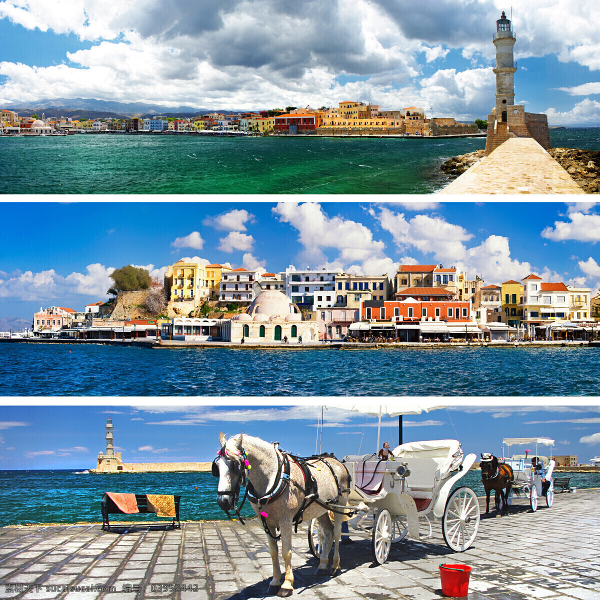 美丽 希腊 海岸 风景图片 马车 灯塔 建筑风景 希腊风景 海岸风景 海岸城市风景 旅游景点 美丽风景 美景 城市风光 环境家居 白色