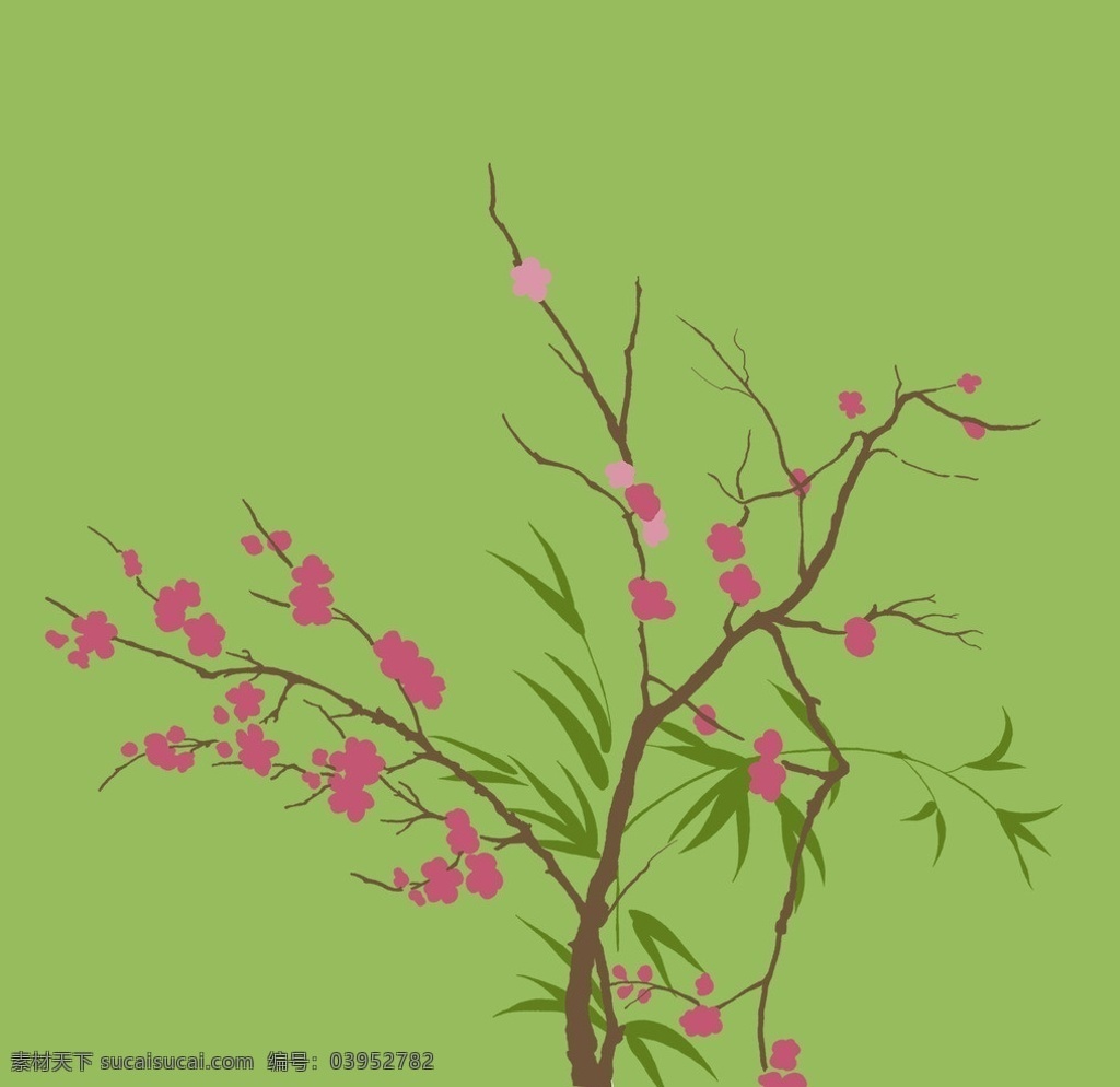 桃树花卉 桃花 桃树 花卉 竹叶 绿色背景 图案 印花 手绘 植物 花边花纹 底纹边框