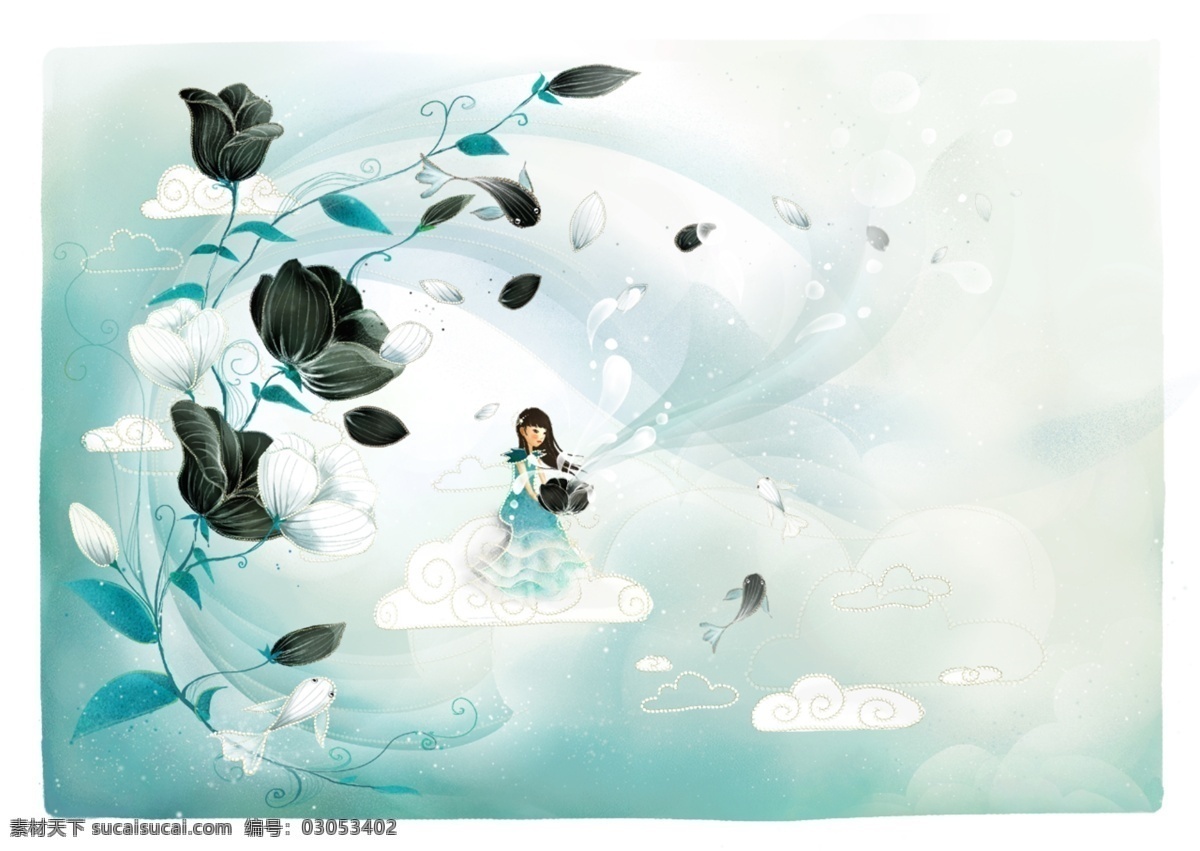 韩国 梦幻 插画 浪漫 少女 童话 黑玫瑰 卡通 动漫 可爱
