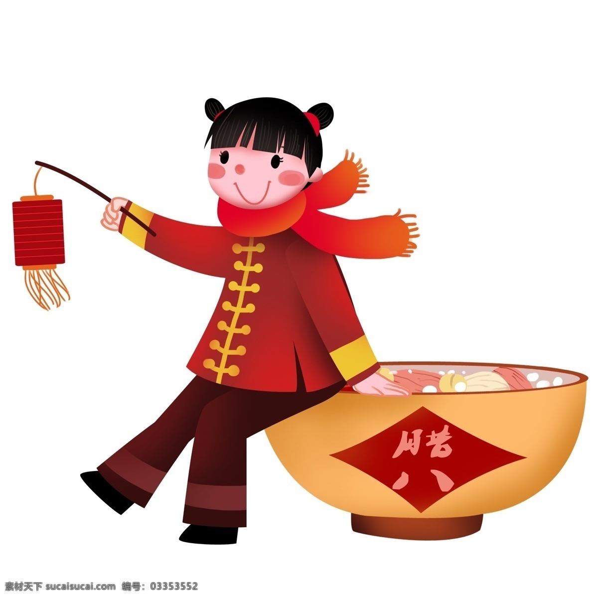 腊八节 人物 腊八粥 漂亮的小女孩 红色的围巾 卡通人物 冬季 主题 插画 美味的腊八粥 红色的红枣