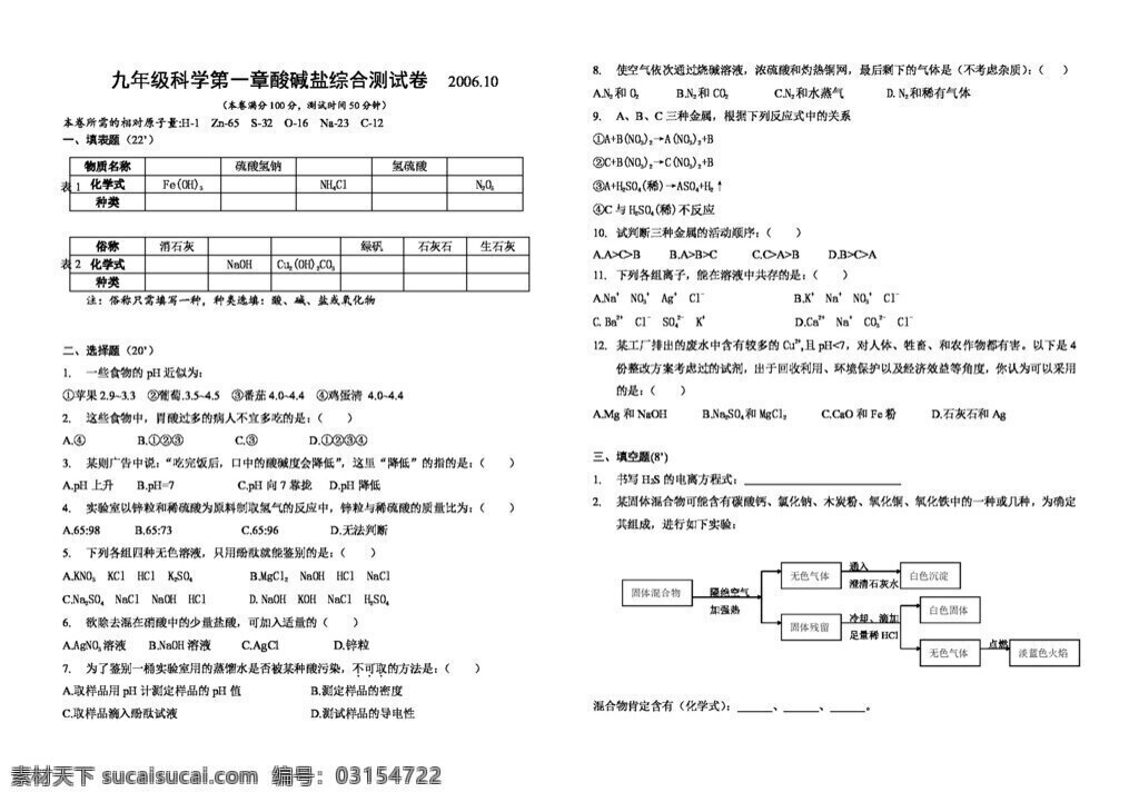 九 年级 上 科学 华师大 版 第一章 酸碱盐综合 测试卷 试题试卷