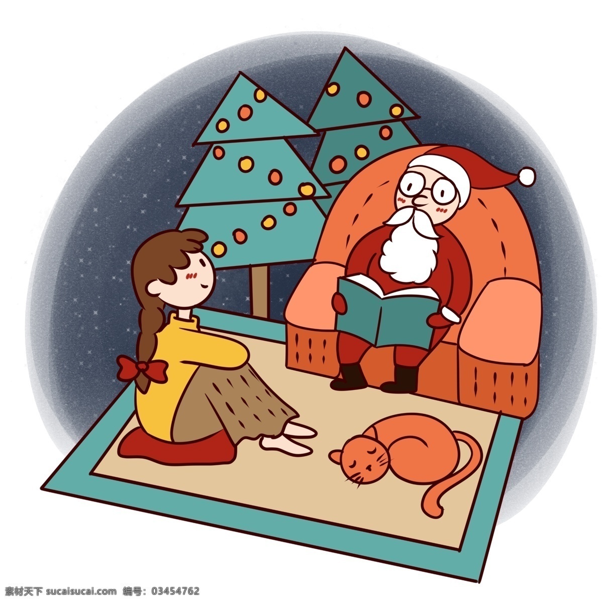 手绘 卡通 可爱 圣诞节 圣诞老人 小女孩 矢量 免抠 圣诞快乐 圣诞树 夜晚 圣诞夜 小猫 讲故事