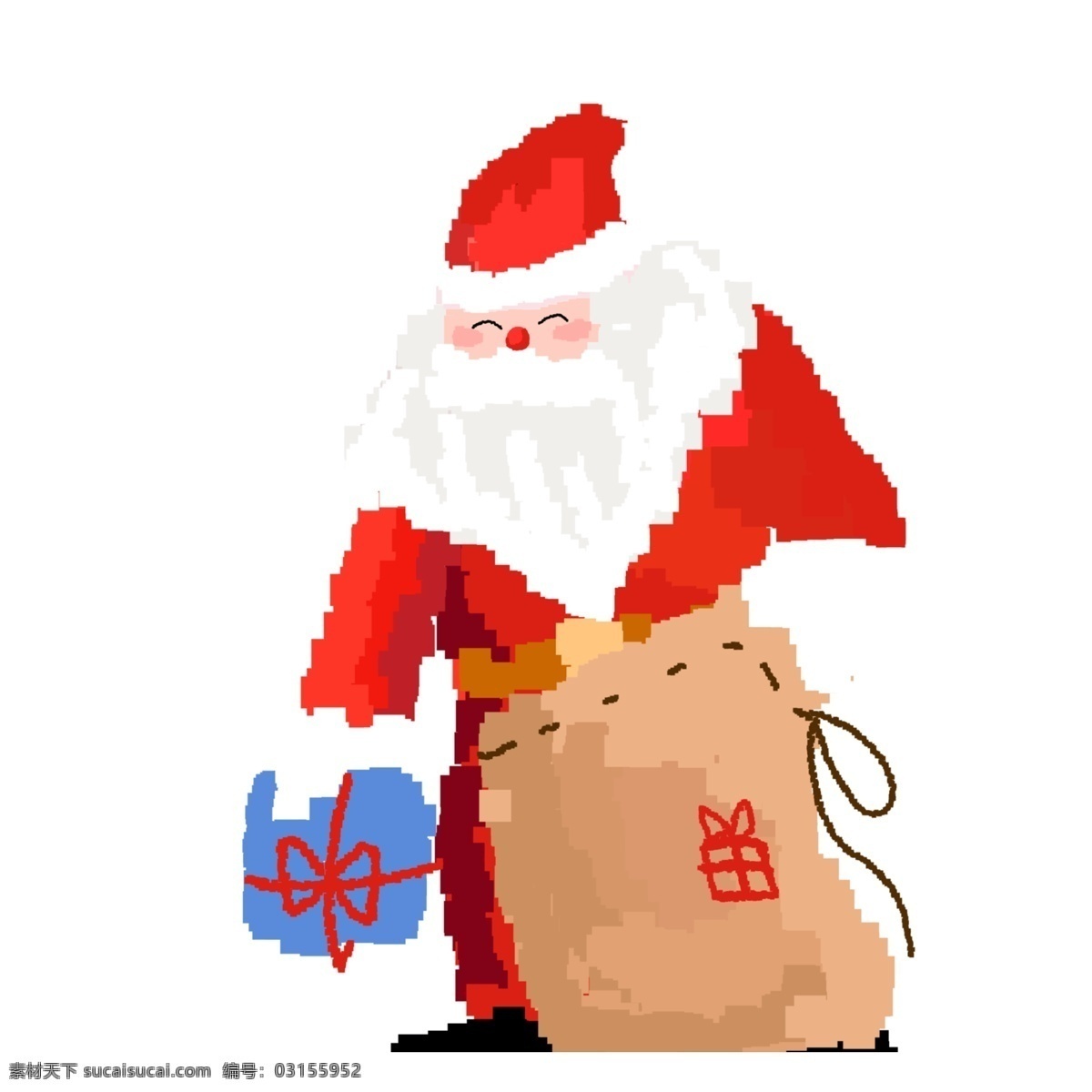 慈祥 派 礼物 圣诞 老爷爷 人物 商用 元素 插画 卡通 麻袋 圣诞老人 圣诞节元素 80年代复古 像素化 手绘 派礼物 圣诞老爷爷