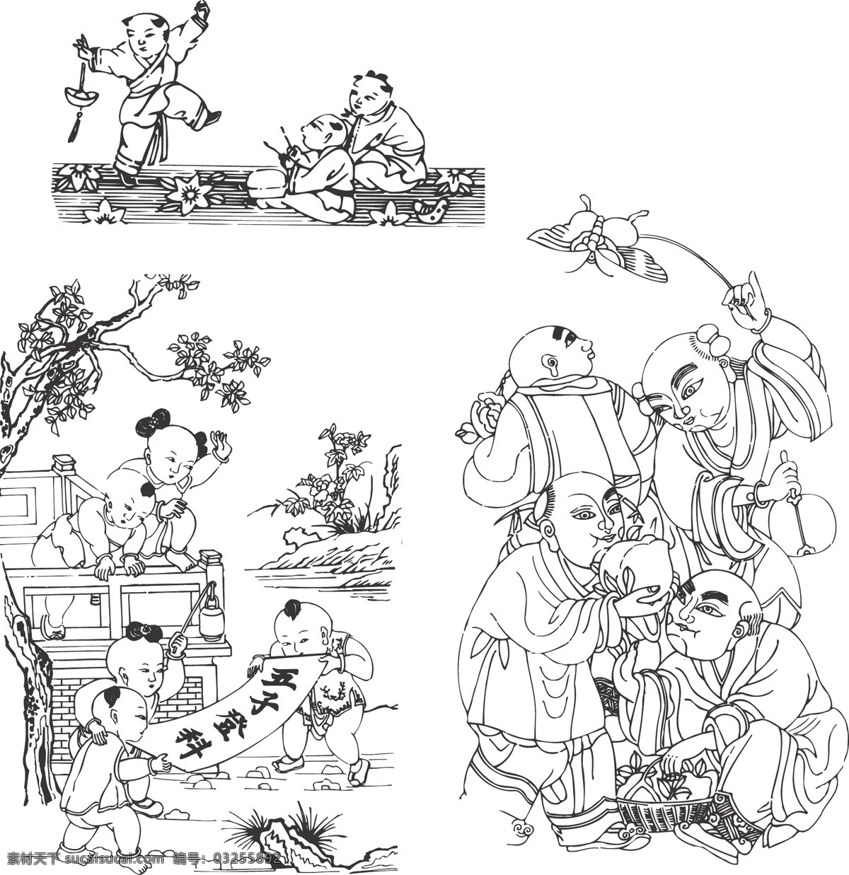 五子登科 白描图片 古代 童子 文化艺术 童子图片 白描图 矢量 矢量图 其他矢量图
