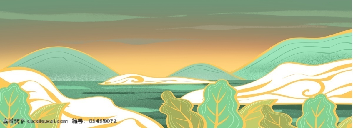 卡通 山景 插画 卡通山景 卡通植物 远远的高山 远处的山 大山 叶子 绿叶 绿色枝叶 天空 忧伤