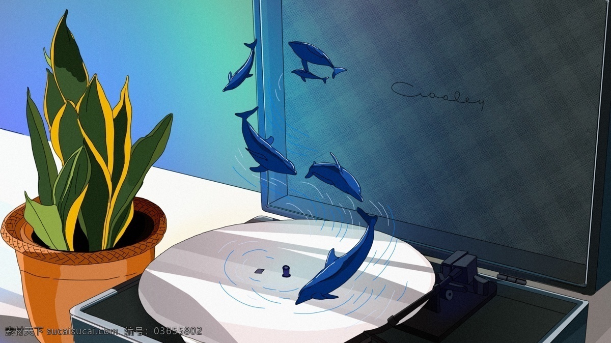 原创 海蓝 听 鲸 声音 音乐 手绘 插画 鲸鱼 植物 海蓝见鲸 唱片 唱片机
