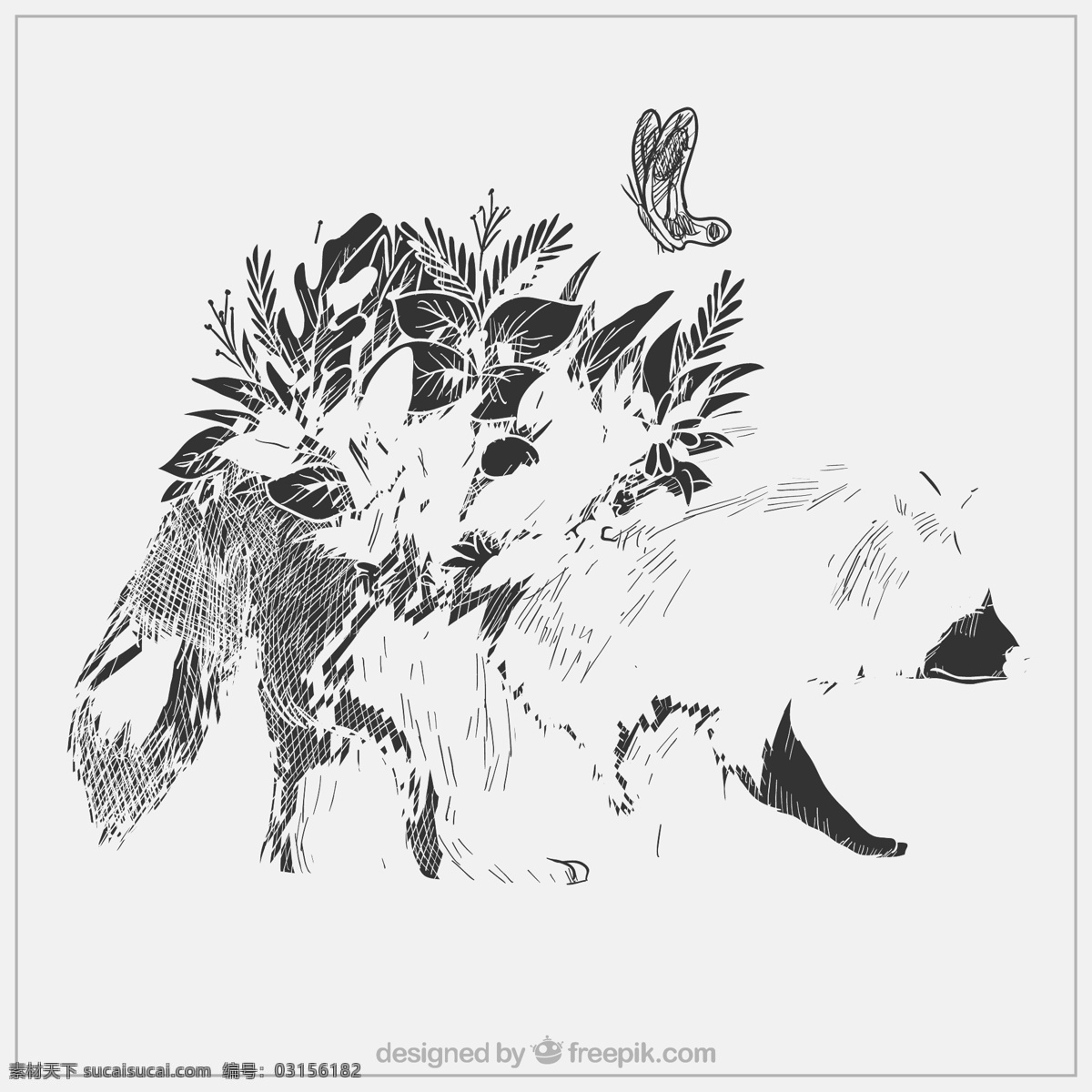 手绘 背上 开花 浣熊 矢量 花卉 手 蝴蝶 自然 动物 绘制 森林 可爱的 叶 绘画 取材 野生 艺术 素描 野生动物