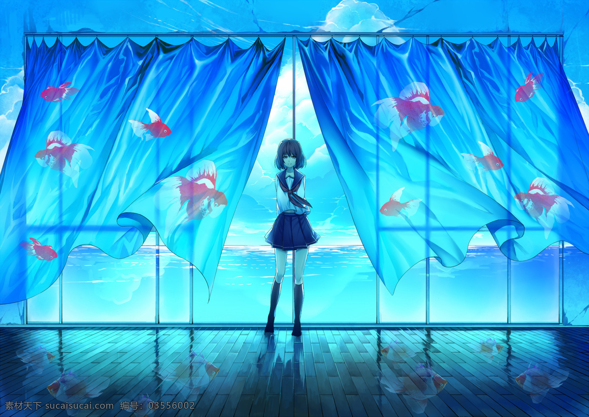 插画 插画女孩 女孩 模板下载 窗户 动漫 动漫动画 动漫人物 动漫少女 海洋 设计素材 卡通 插画少女 金鱼 梦幻 落地式窗户 蓝色 蓝色海洋 唯美 二元次