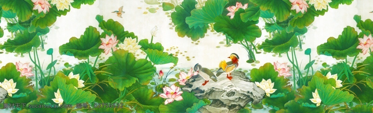 荷花鸭子图 荷花 荷叶 鸭子 水墨画 无缝拼接