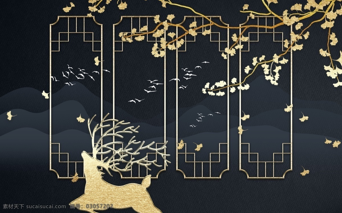 麋鹿 中式 框 玄关 屏风 背景 底纹 艺术