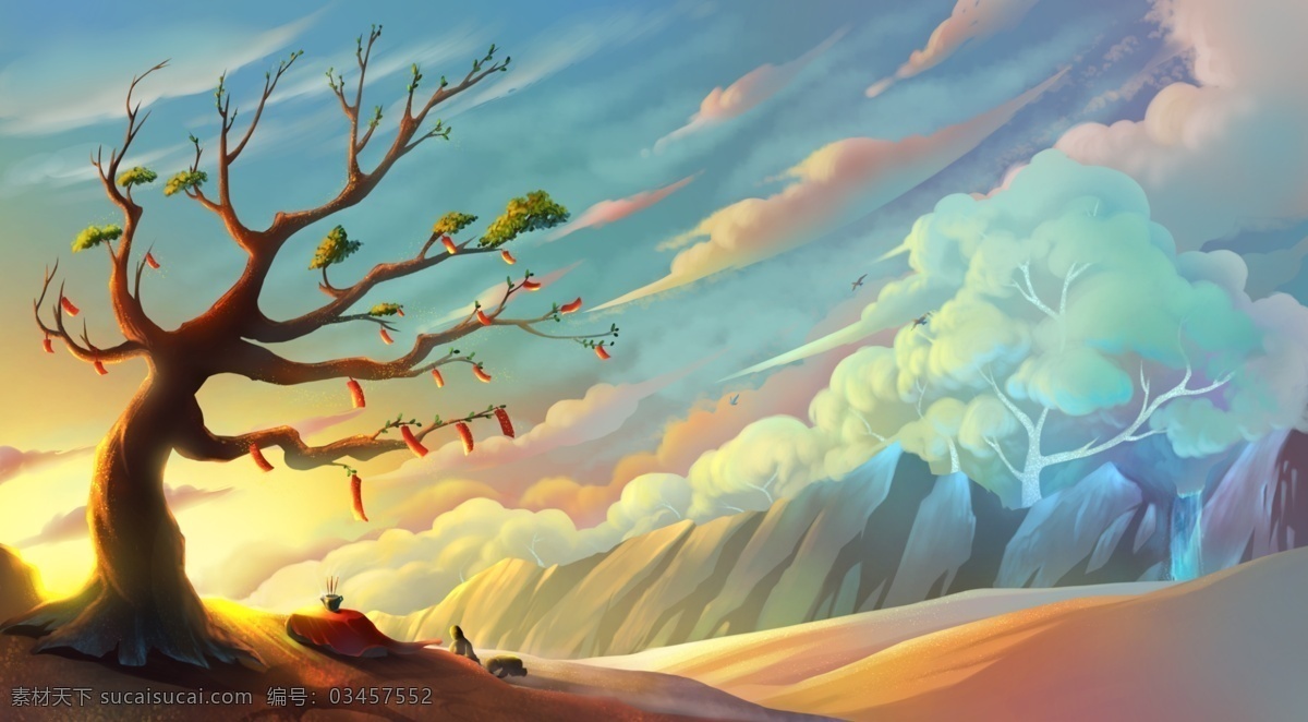 天空 树木 清新 插画 卡通 背景 类 分层 背景素材