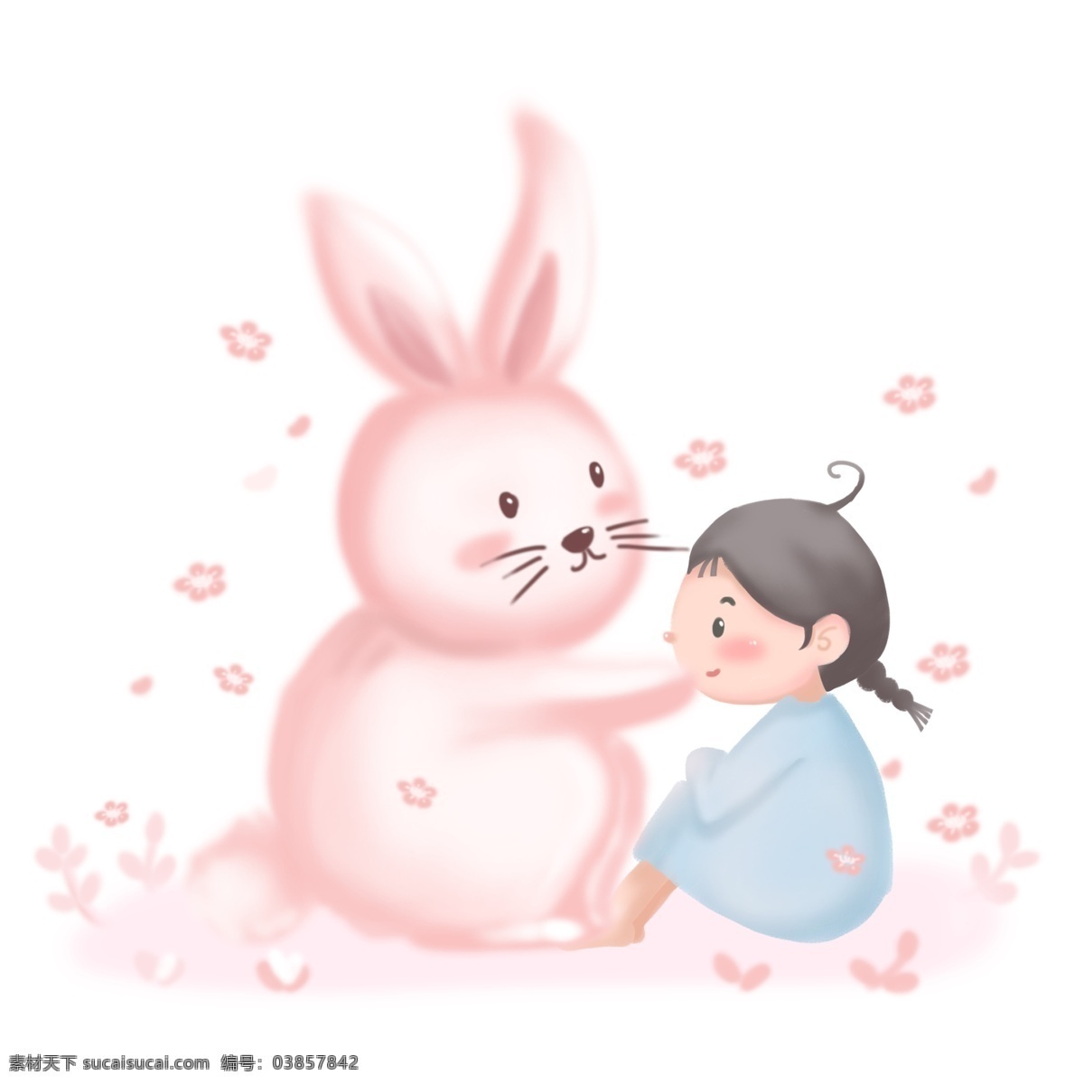 卡通 手绘 梦幻 插画 梦境 动物 可爱小女孩 森系女孩 萌系 粉色系列 可爱小兔子 童话故事插画