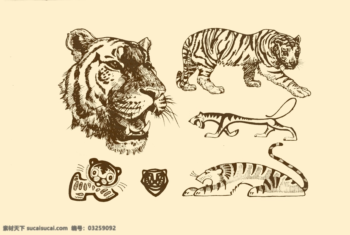 动物图案 虎 卡通 动物 纹样 图案 白描 简笔画 儿童画 老虎 虎年 百兽之王 分层 源文件