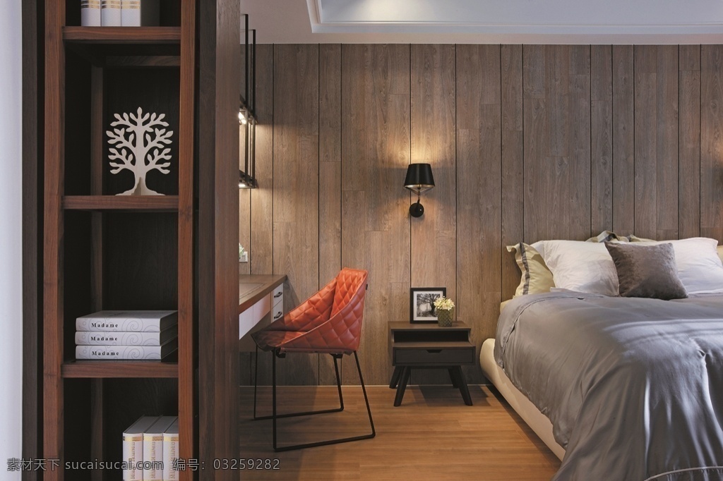 现代 简约 卧室 木制 背景 墙 室内装修 效果图 卧室装修 黑色壁灯 木地板 木制柜子