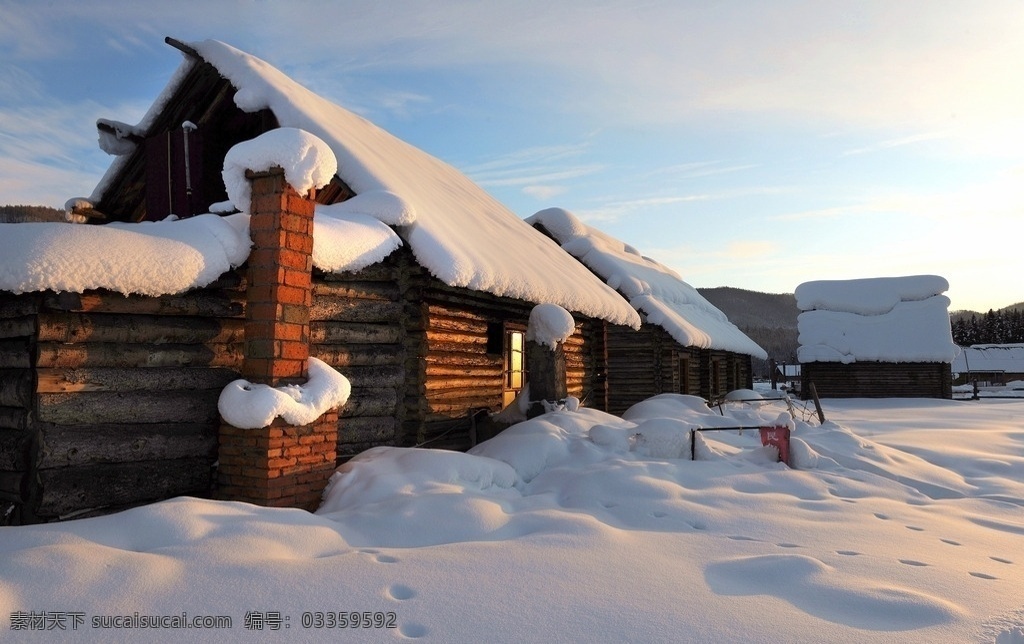 房屋雪景 房屋 雪景 晚霞 木屋 新疆 禾木 自然景观 田园风光