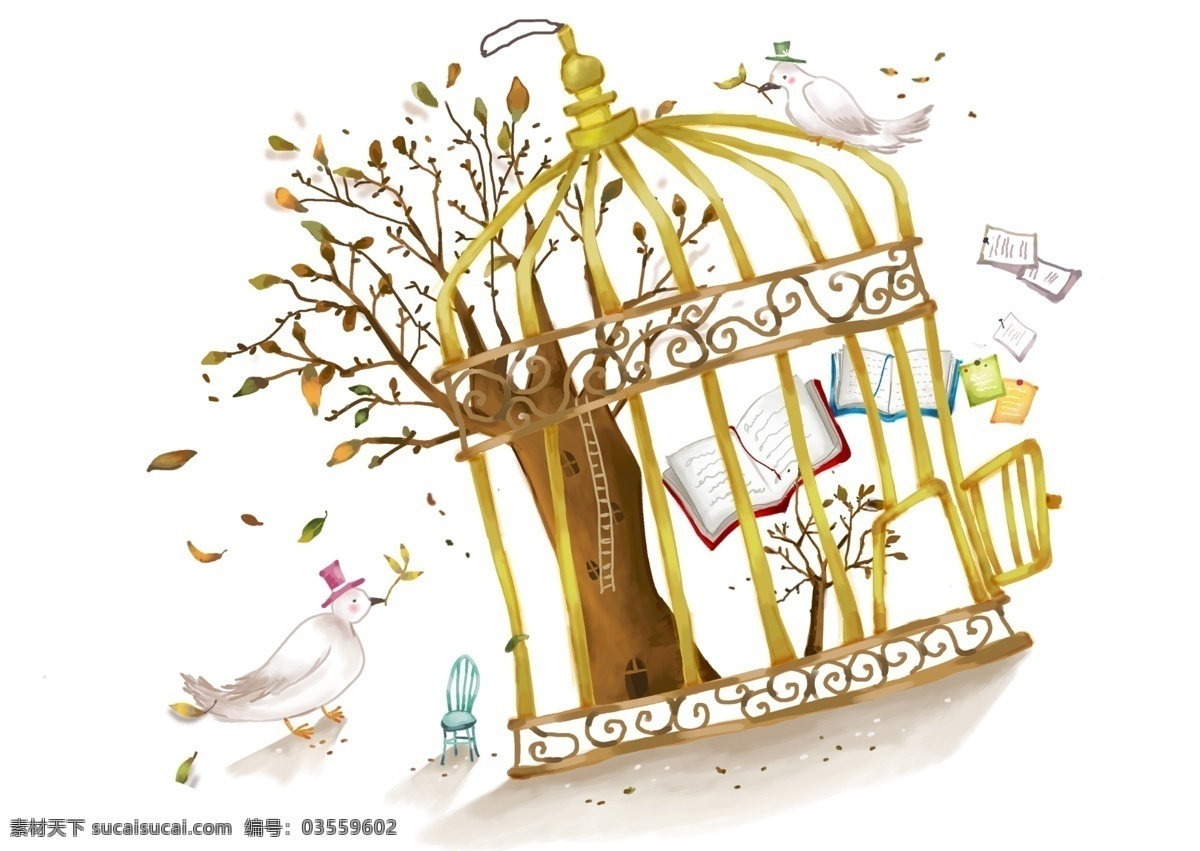 金色 笼子 内 树木 psd素材 插画 大树 小鸟 植物 金色笼子 psd源文件