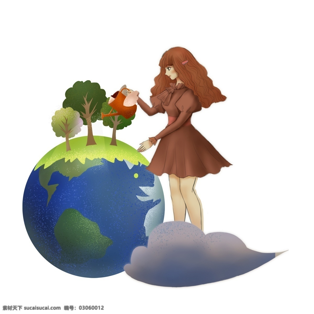 手绘 创意 绿色 地球 浇 花 女孩 卡通 人物 绿色地球 浇花 种树