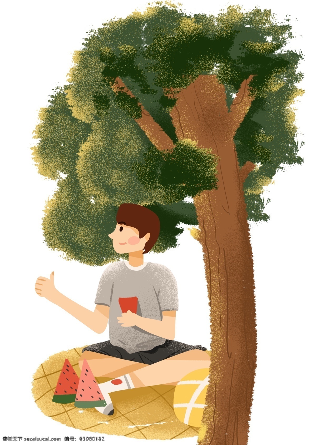 春游 游玩 卡通 插画 帅气的男孩 卡通插画 春游插画 踏青插画 郊游 户外游玩 旅游 绿色的大树