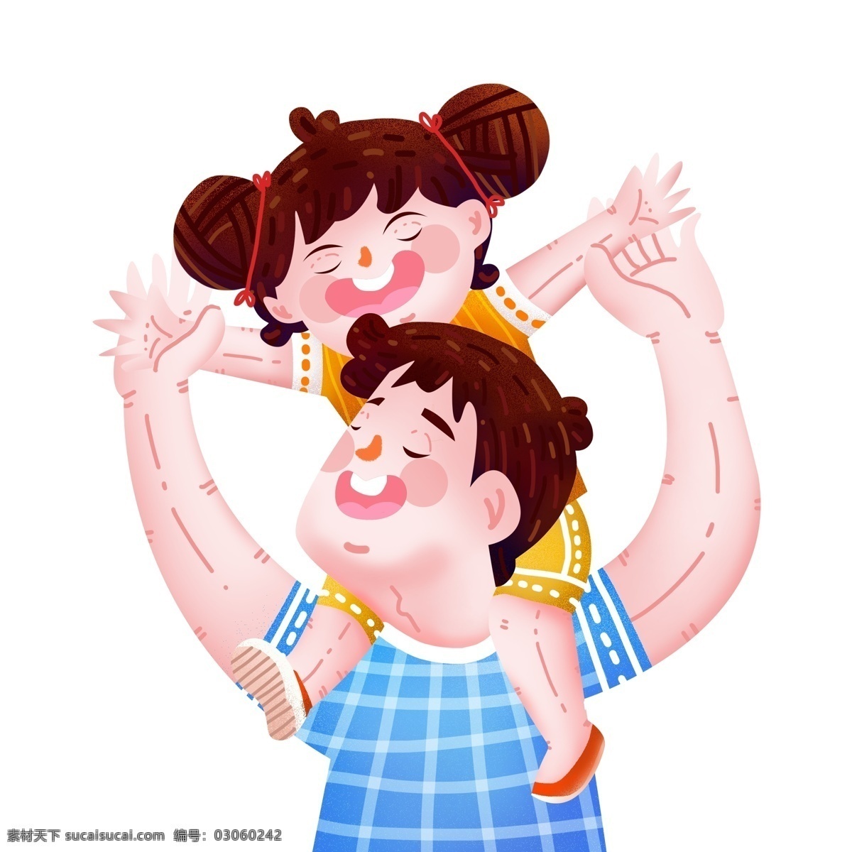 温馨 骑 父亲 肩膀 上 女儿 人物 举高高 爸爸 插画 治愈系 手绘