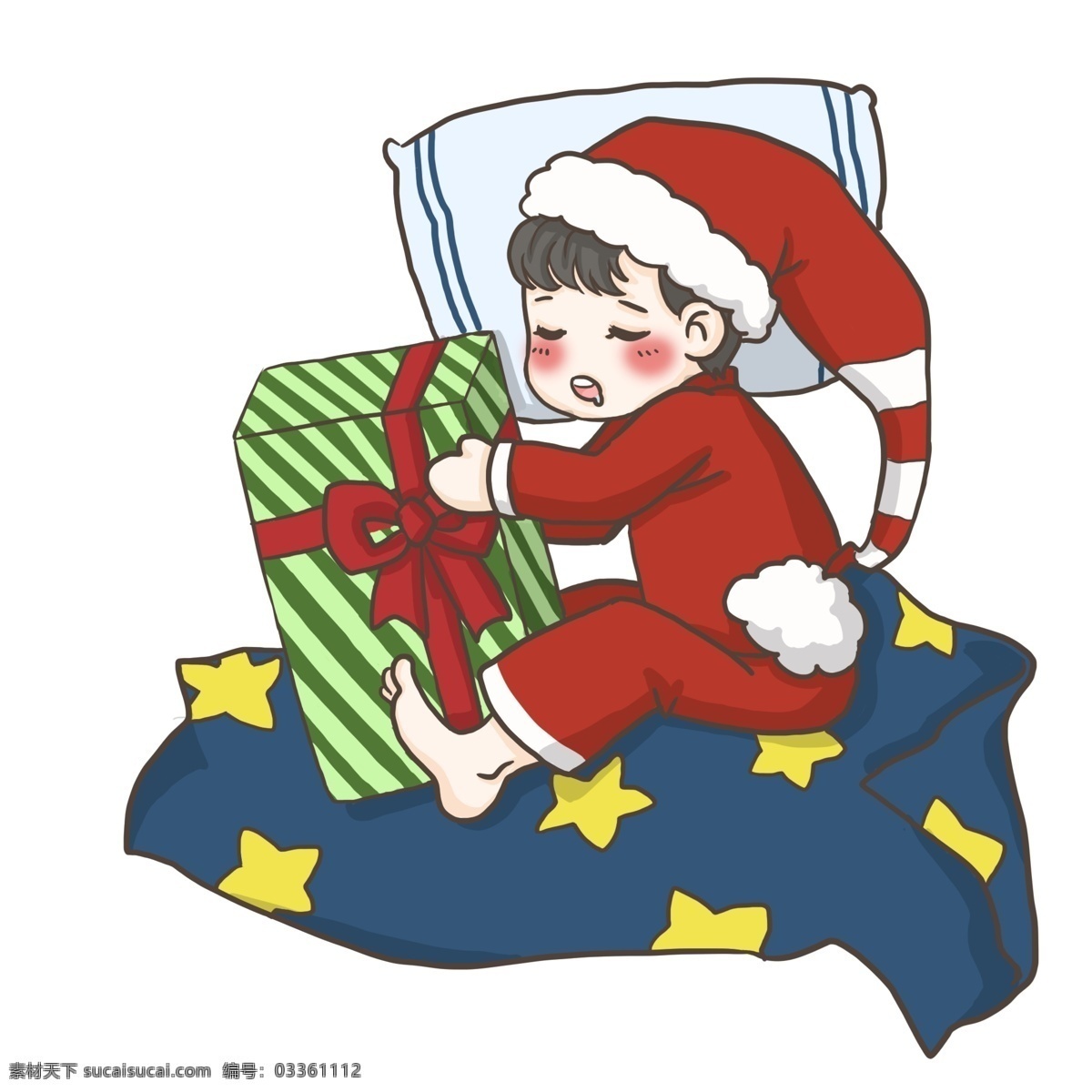 平安夜 睡觉 冬天 冬装 圣诞节 红色衣装 可爱风小贴纸 单人 温暖甜美 开心 睡着 抱 礼物 小 男孩