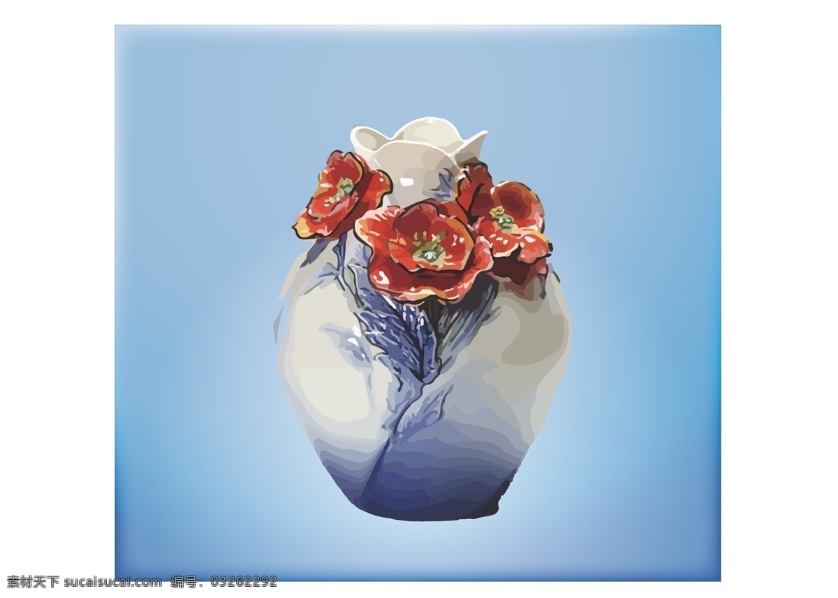 高贵 陶瓷 花瓶 矢量图 装饰 立体 鲜花 青色 天蓝色