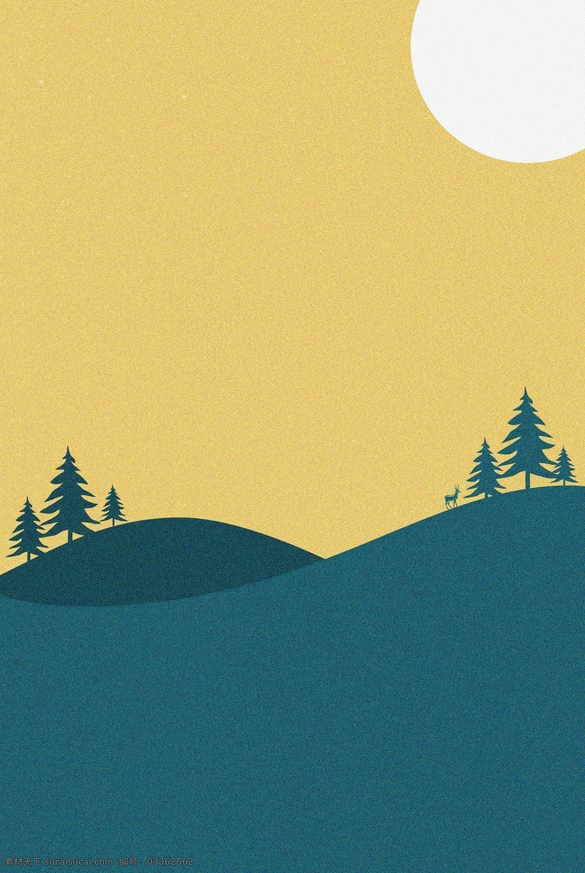 插 画风 山坡 松树 麋鹿 太阳 背景 海报 插画风 轮播 banner 噪点 手绘 开心