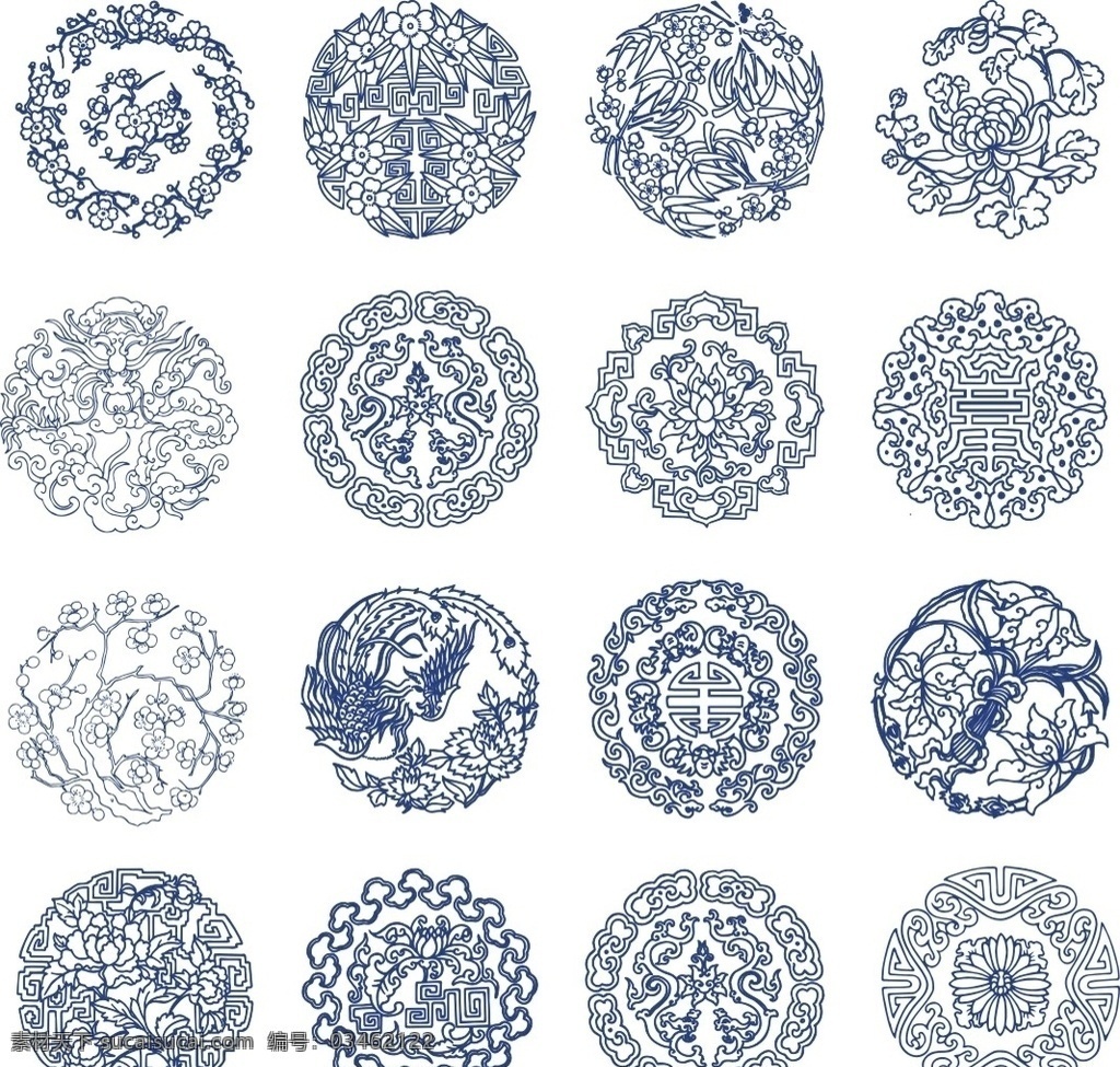 青花瓷花纹 传统 国画 白描 线描稿 青花瓷 矢量 古典 花纹 图案