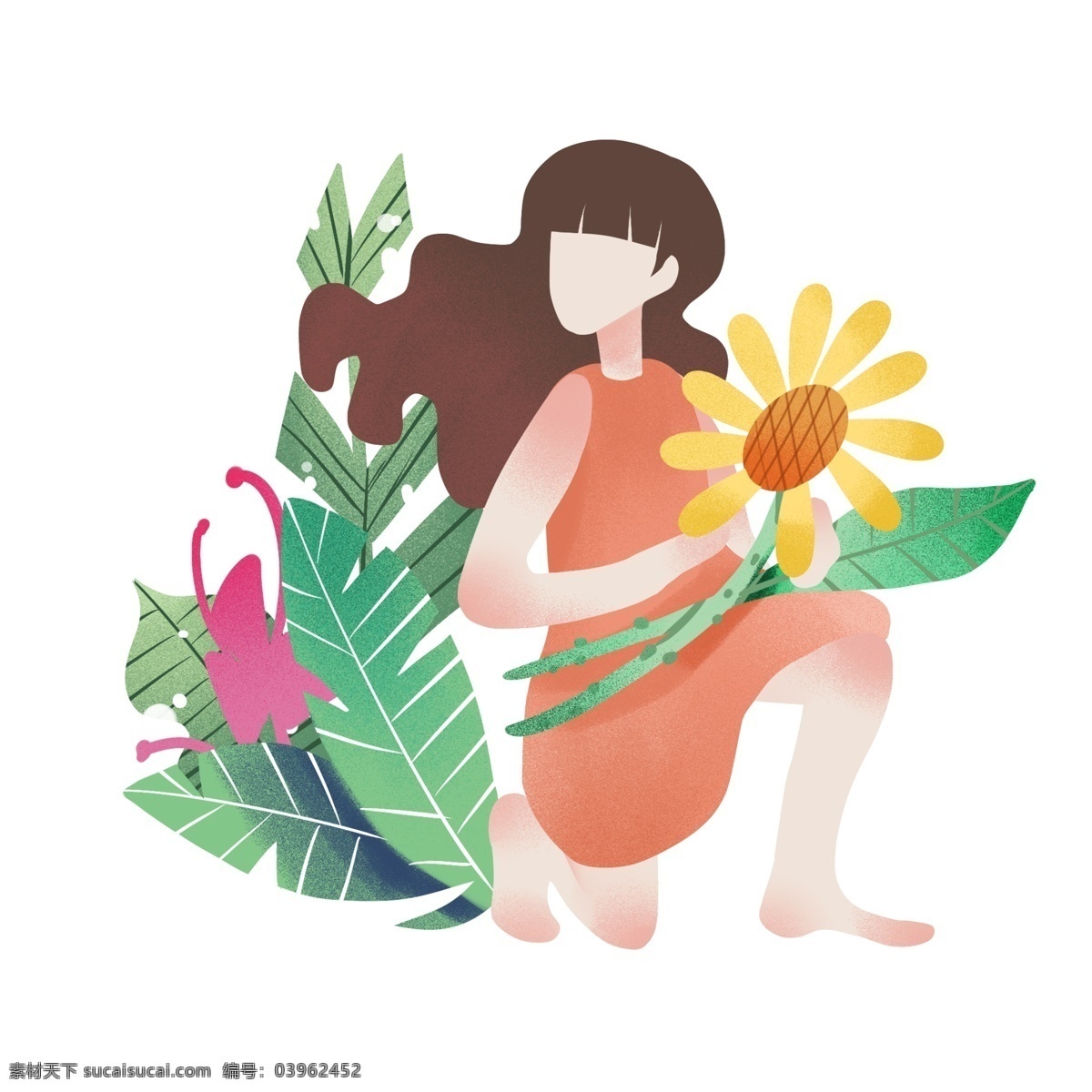 踏青 小花 女孩 踏青人物插画 黄色的小花 绿色的叶子 植物装饰 卡通人物