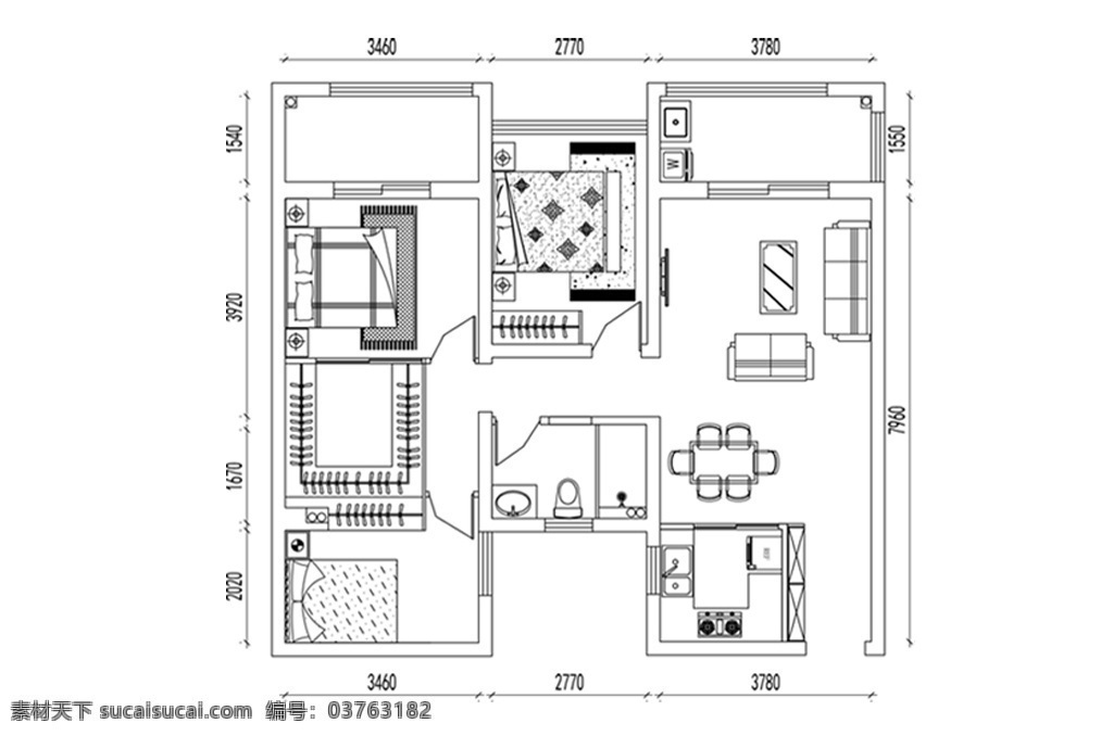 cad 三室 两 厅 户型 方案 平面 高层 图 定制 居室布局定制 三室一厅 居室 平面图