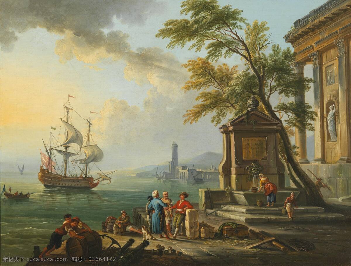 巴普蒂 斯特拉 勒 曼德 作品 法国画家 日落时分 港口的渔民 一位东方商人 古典油画 油画 文化艺术 绘画书法