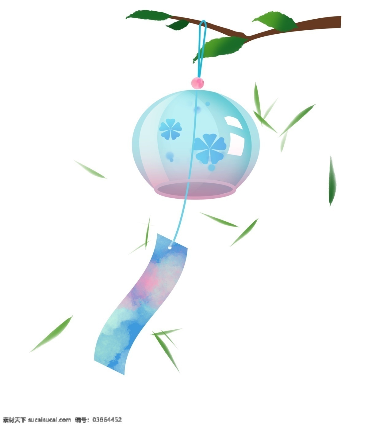 圆形 玻璃 风铃 插图 蓝色风铃 漂亮的风铃 时尚的风铃 圆形风铃 绿色植物 飘起的风铃 精美的风铃