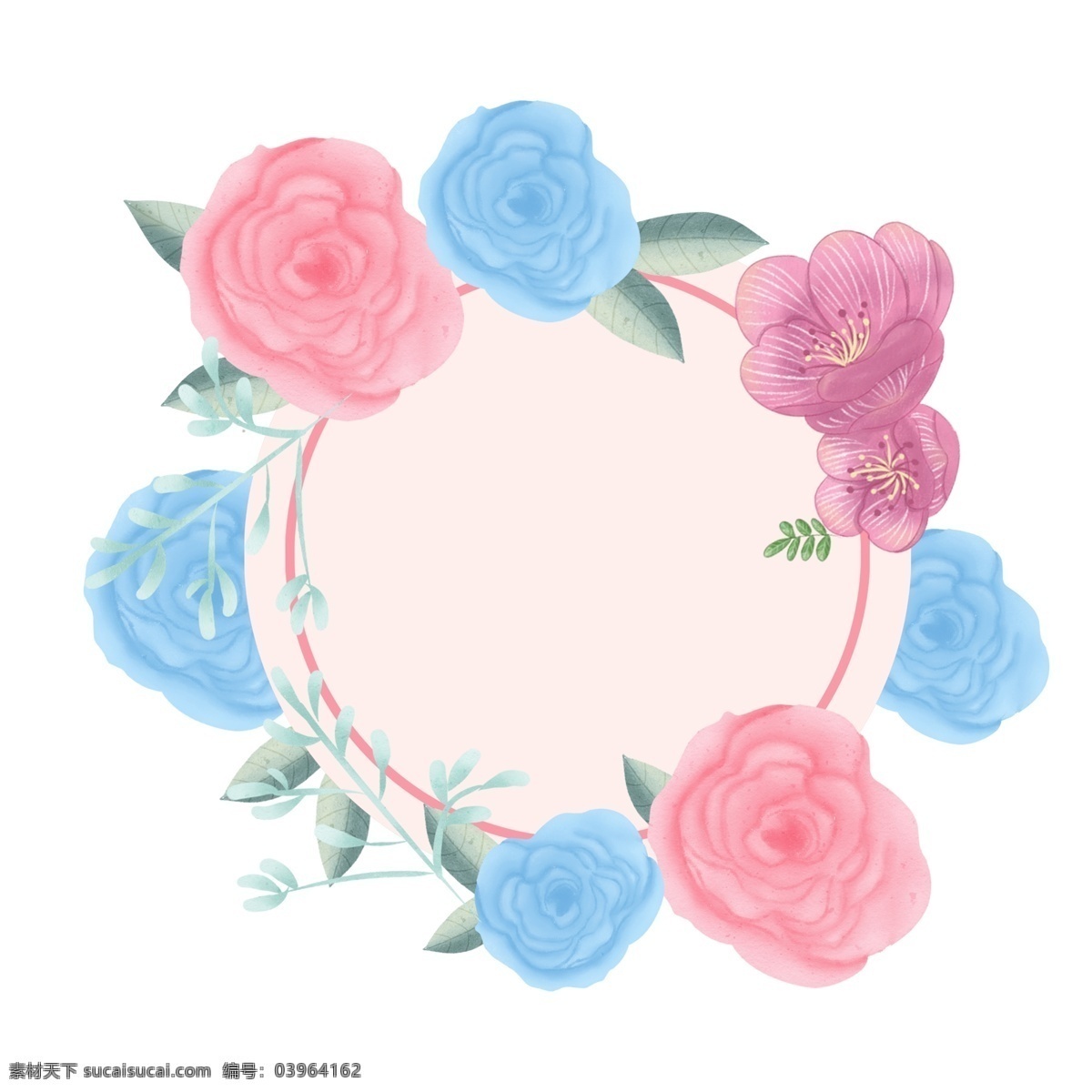 清新 蓝 粉色 玫瑰花 装饰 元素 装饰元素 手绘 花朵 盛开 花环 树叶 简约