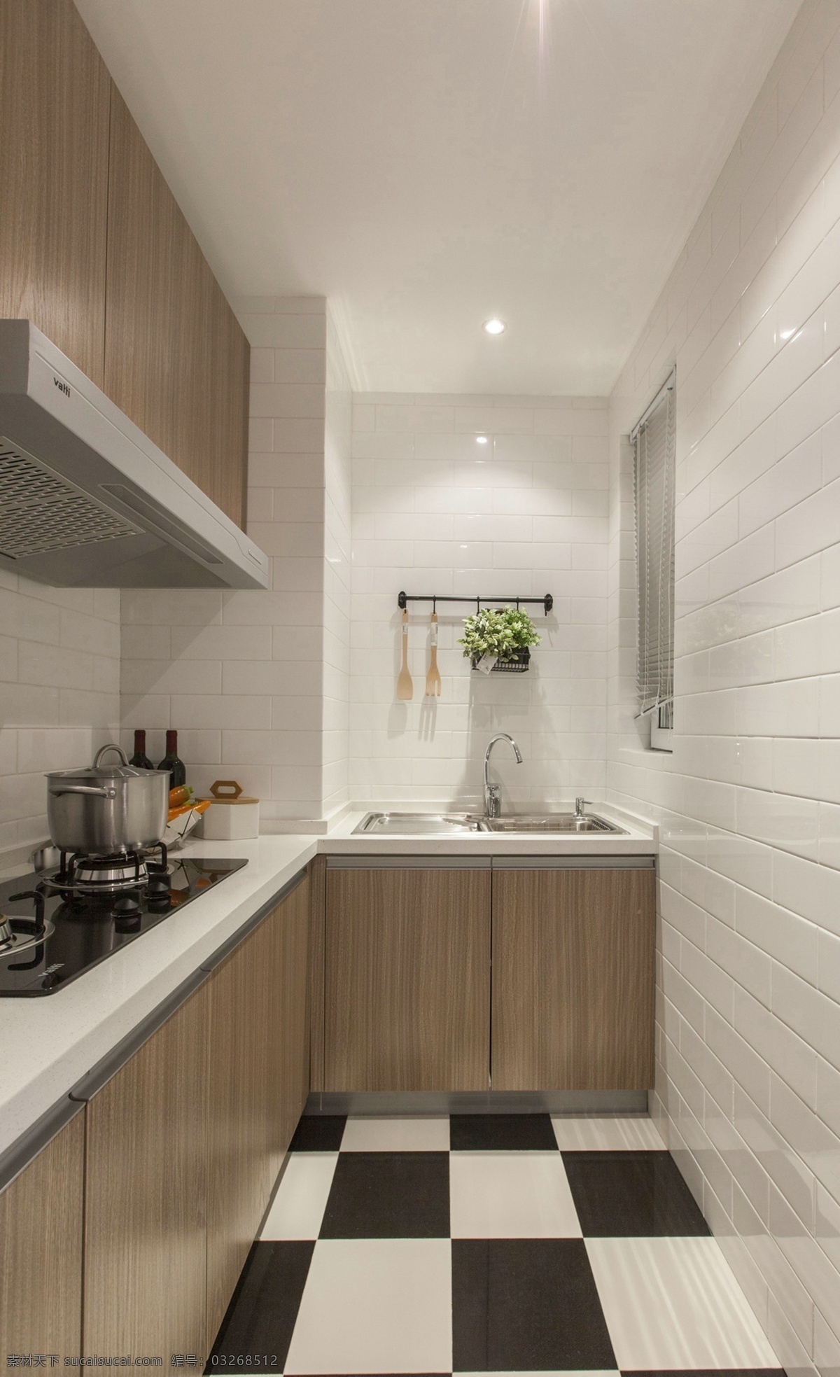 简约 时尚 厨房 格子 黑白 地板砖 装修 效果图 白色射灯 大理石 白色 台面 木质橱柜 油烟机 灶具