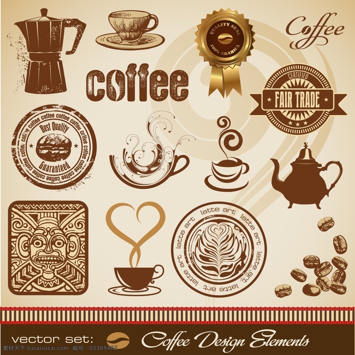 具有 欧洲 风格 咖啡 元 各种 载体 材料 咖啡豆 咖啡壶 马克杯 饮料 元素 拉贝 密封 向量的饮料 矢量图 其他矢量图