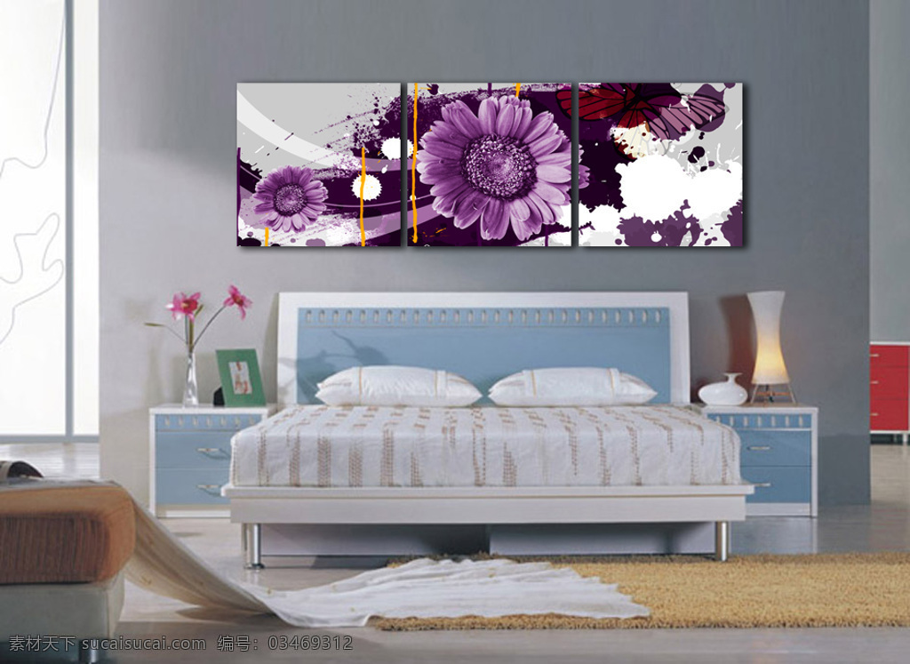卧室 花朵 装饰画 紫色系 雏菊花 灰色