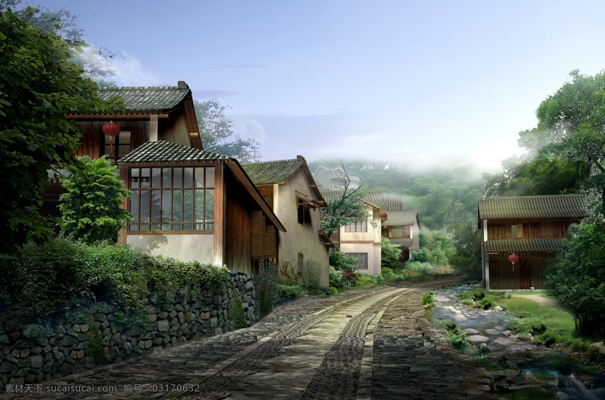 建筑设计样图 小路 别墅 自然 风光 石墙 小河 韩国模板 分层 韩国分层素材 源文件库