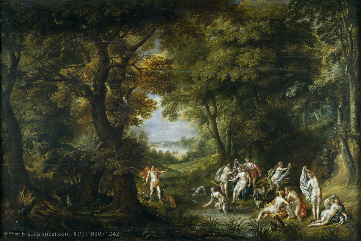 century 大师 画家 古典 画 建筑 景物 装饰画 油画 acteon y diana con paisaje de hendrik clerck van denis alsloot 人物 高清 西方 国外 现代 家居装饰素材