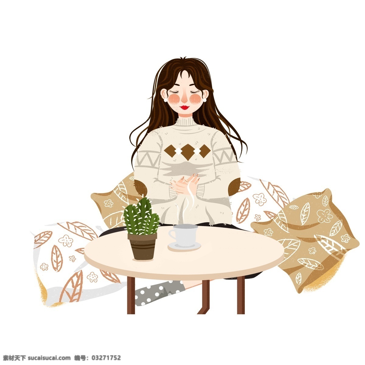 彩绘 热茶 整齐 暖 手 女孩 商用 元素 小清新 插画 冬季 桌子 宅家 暖手 抱枕