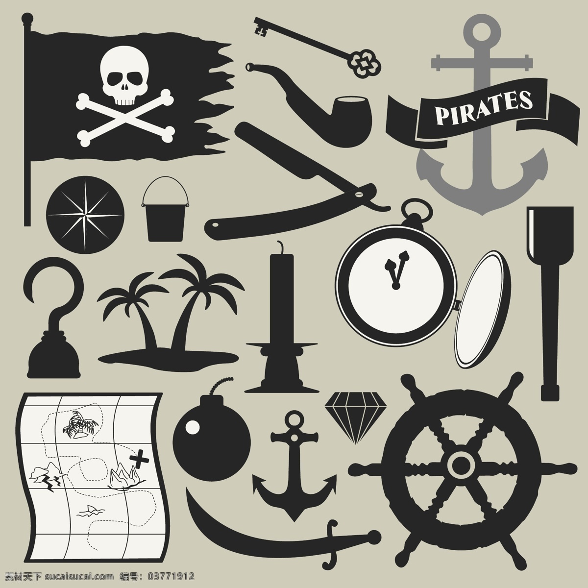 海盗元素集 地图 卡通 头骨 帽子 海盗 元素 剑 设计元素 冒险 宝 元 藏宝图 集 宝箱 收藏 快乐的 快乐的罗杰 罗杰 灰色