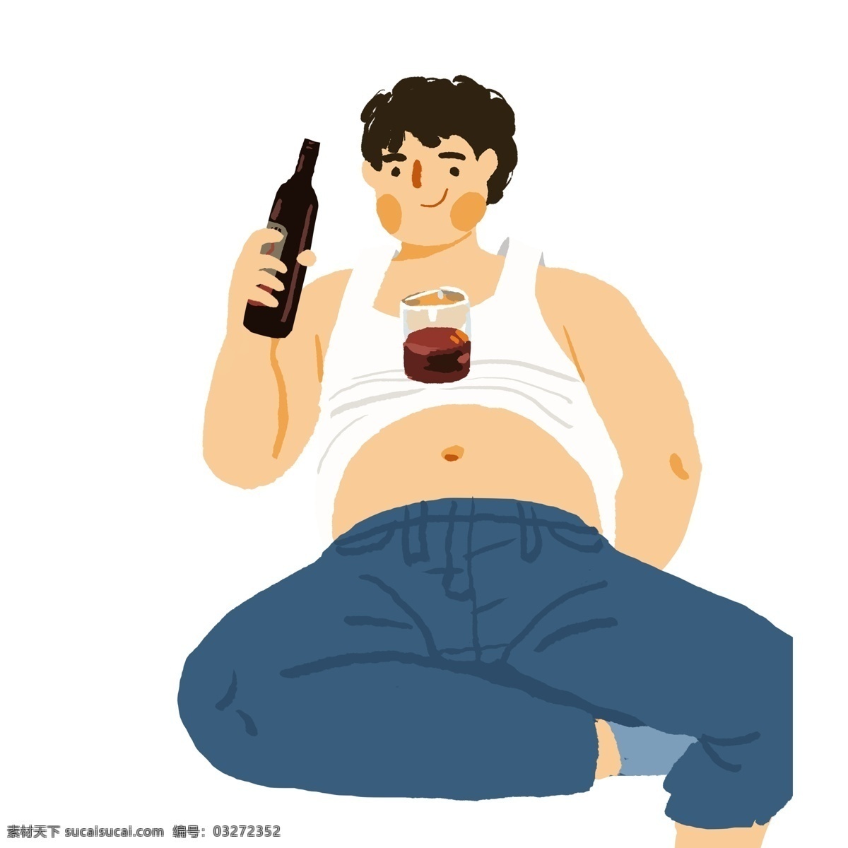 手绘 独自 喝酒 肥 宅 插画 人物 男人 胖子 肥仔 肥宅 喝红酒