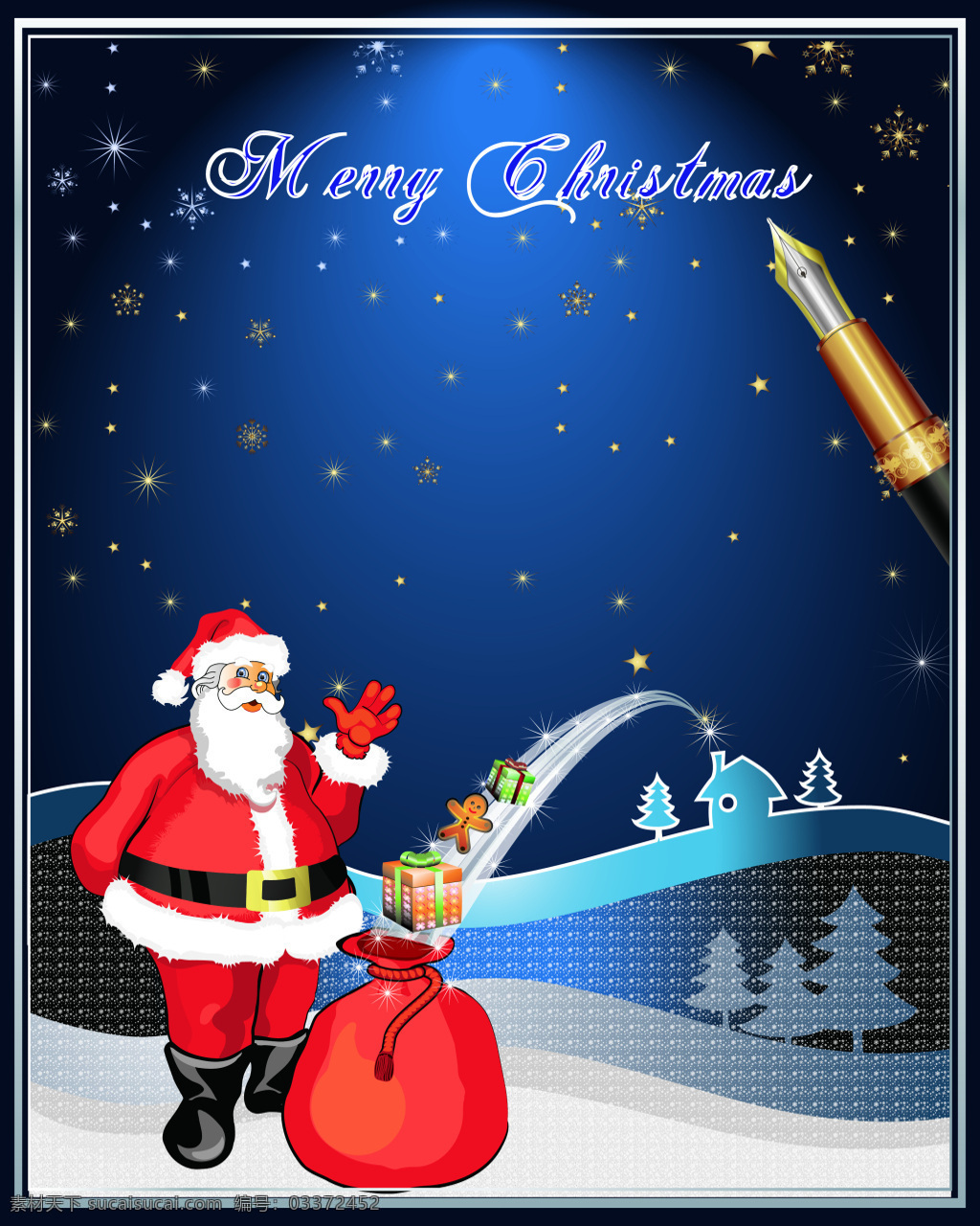 矢量 卡通 圣诞节 雪景 背景 蓝色 雪花 钢笔 写字 圣诞老人 海报 童趣 手绘