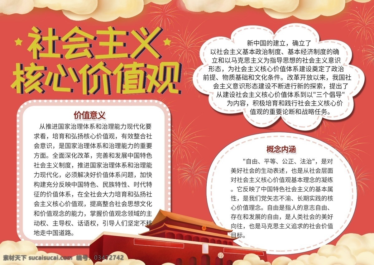 平面 红色 创意 简洁 社会主义 核心 价值观 手 抄报 云朵 板报 小报 价值 意义 天安门 自由 富强 平等 公正 电子报 校园小报