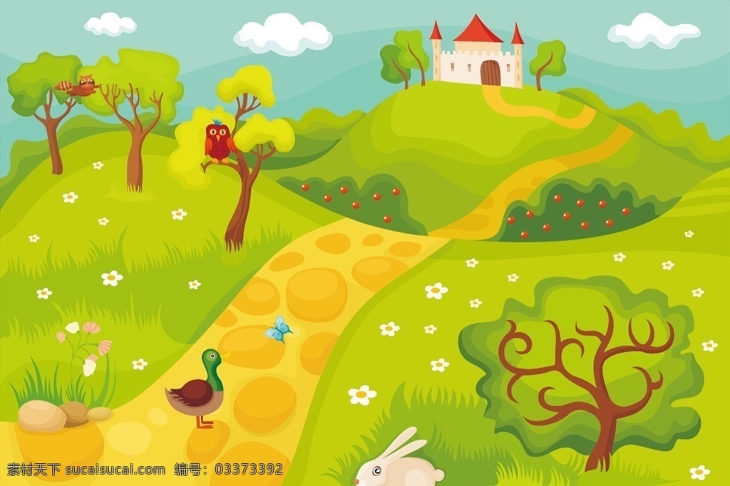 矢量风景 手绘风景 风景插画 树木 草地 城堡 鸭子 兔子 卡通风景背景 生物世界 野生动物