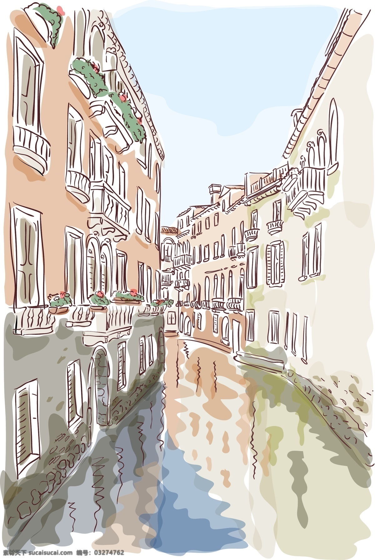 威尼斯 水城 风景 插画 威尼斯水城 风景插画 风景写生 印花图案 底纹边框 矢量素材 白色