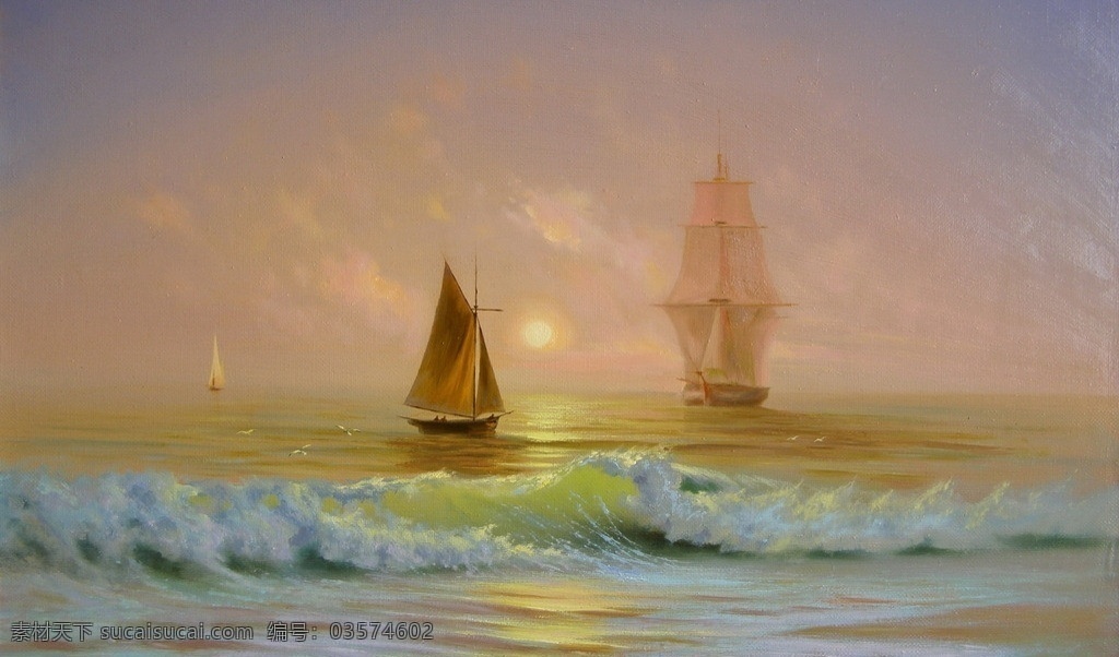 大海油画 大海 夕阳 油画 碧波 海浪 海绵 金色 帆船 远景 远航 绘画书法 文化艺术